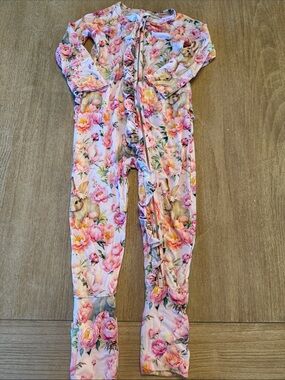 Girls Floral Bunny Print Footed Romper - Pink